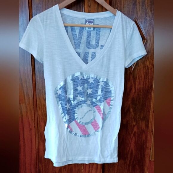 Pink Victoria Secret V Neck Tee Shirt Patriotic XSMALL - Picture 1 of 6
